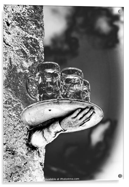 A model of a disconnected hand and beer glasses balanced on a tray Acrylic by Joy Walker