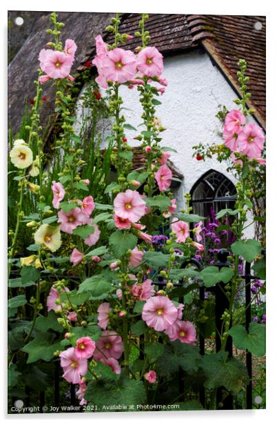 A thatched cottage with Hollyhock flowers  Acrylic by Joy Walker