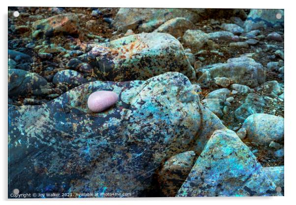 The rocky foreshore of a beach with a single ink pebble Acrylic by Joy Walker