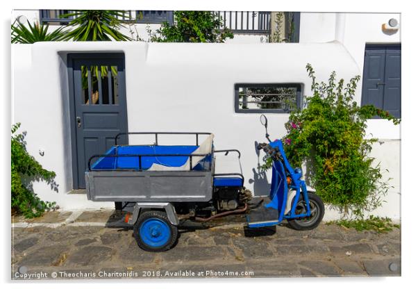 Motor tricycle parked against whitewashed house. Acrylic by Theocharis Charitonidis
