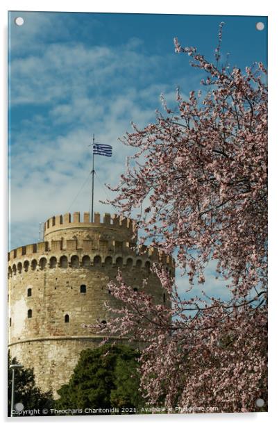 Thessaloniki The White Tower on a spring day against blue sky with clouds.  Acrylic by Theocharis Charitonidis