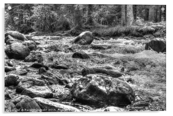 Black and white, HDR photo of mountain river Acrylic by Paweł Radomski