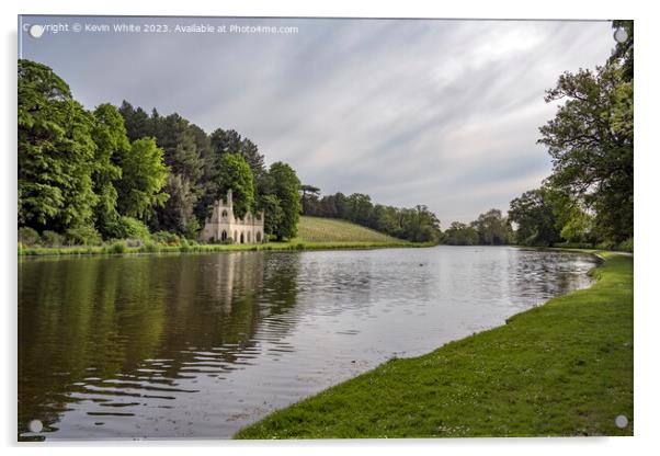 Vineyard and old ruin on the banks of Painshill Park lake Acrylic by Kevin White