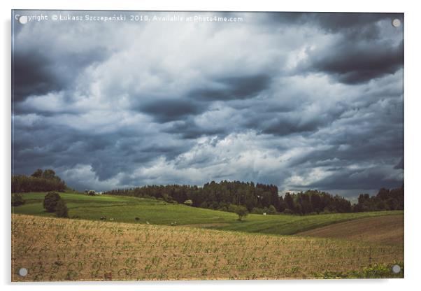 Stormy cloudscape over fields and pasture  Acrylic by Łukasz Szczepański