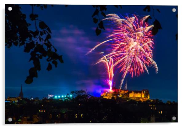Fireworks above Edinburgh Castle, Hogmanay 2015. Acrylic by Kevin Livingstone