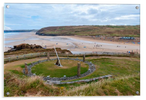 Millennium Sundial above Perranporth Beach Acrylic by Linda Cooke