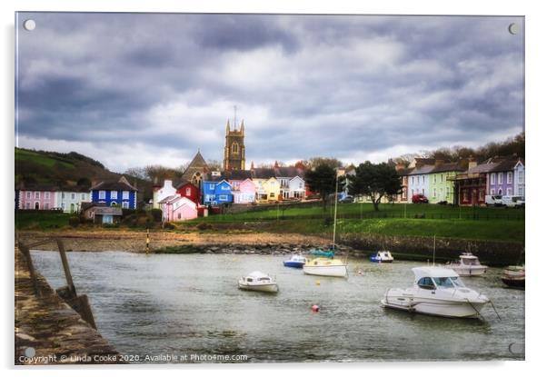 Aberaeron Harbour and Church Acrylic by Linda Cooke