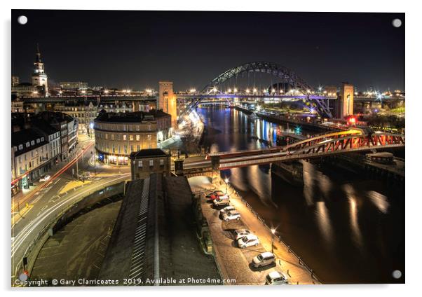 Newcastle Bridges at Night Acrylic by Gary Clarricoates