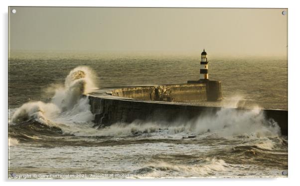 Seaham Lighthouse and Pier Under Attack Acrylic by Gary Clarricoates
