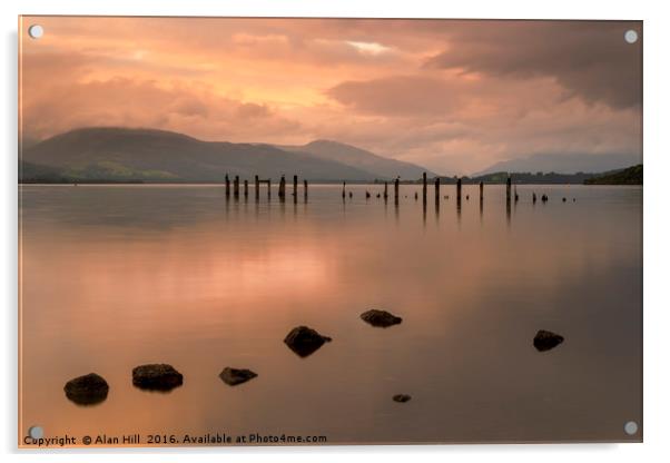 Loch Lomond jetty and mountains at sunset Acrylic by Alan Hill