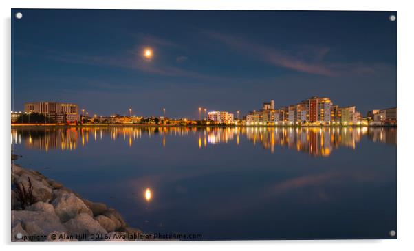The moon and cityscape lights, reflect off harbour Acrylic by Alan Hill