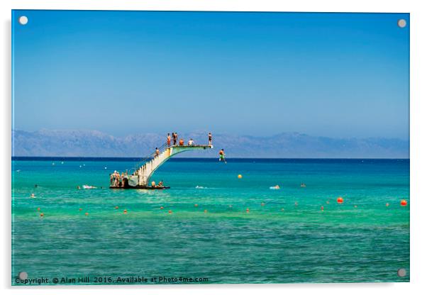 Divers jump into the water where the Aegean and Me Acrylic by Alan Hill