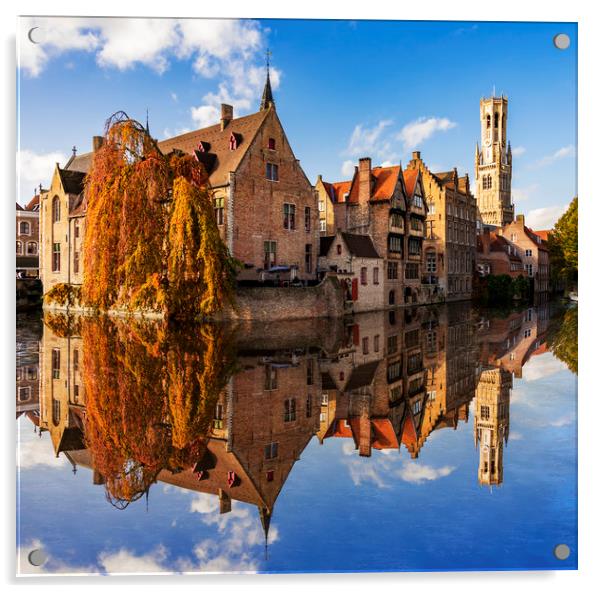 Canals and Buildings of Bruges in Belgium in autumn Acrylic by Alan Hill