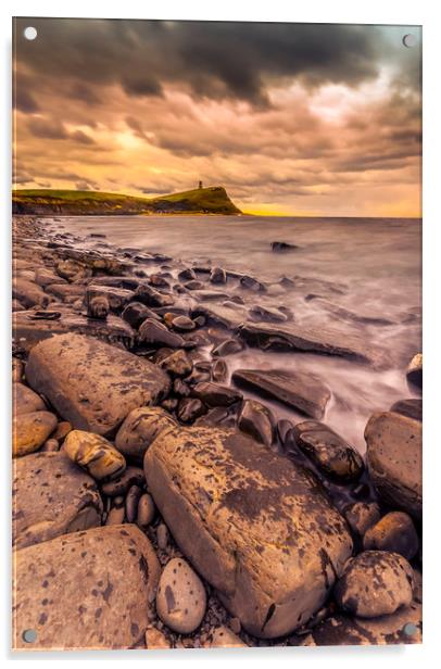 Rocks and ledges of Kimmeridge Bay at sunset Acrylic by Alan Hill