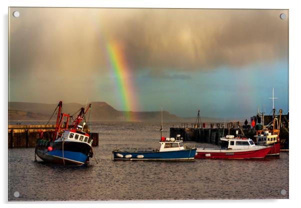 Rainbow over fishing boats at Lyme Regis Acrylic by Alan Hill