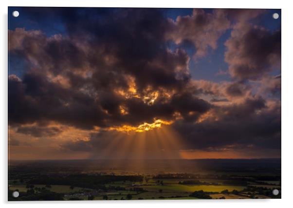 Crepuscular rays of sunlight shine onto fields in Dorset Acrylic by Alan Hill