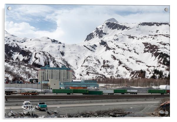 The Begich Towers Condominium building and snow covered mountains behind, Whittier, Alaska, USA Acrylic by Dave Collins