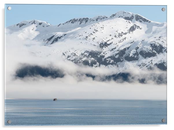 Boat approaching fog on the mountains and sea in Passage Canal, Whittier, Alaska USA Acrylic by Dave Collins