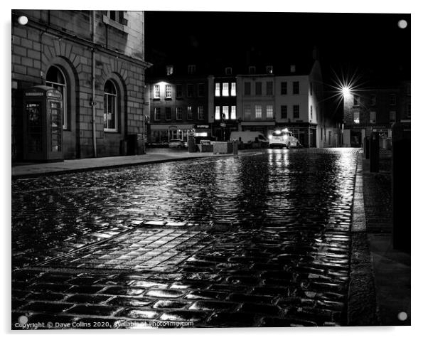 Rain soaked cobbled street at night, Kelso, Scotla Acrylic by Dave Collins