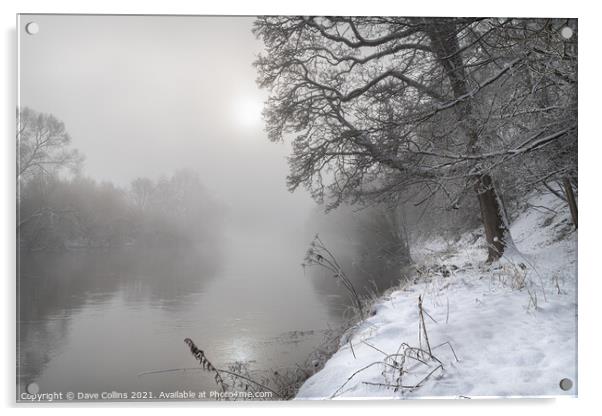 Sun breaking through the mist over the Teviot River in winter snow in the Scottish Borders Acrylic by Dave Collins