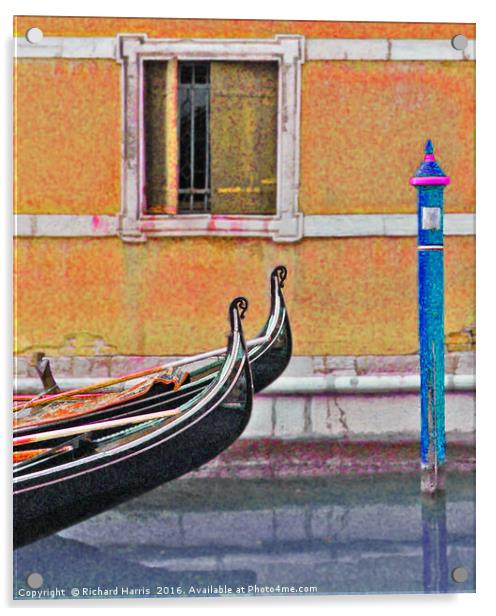Two gondolas moored on canal in Venice Acrylic by Richard Harris