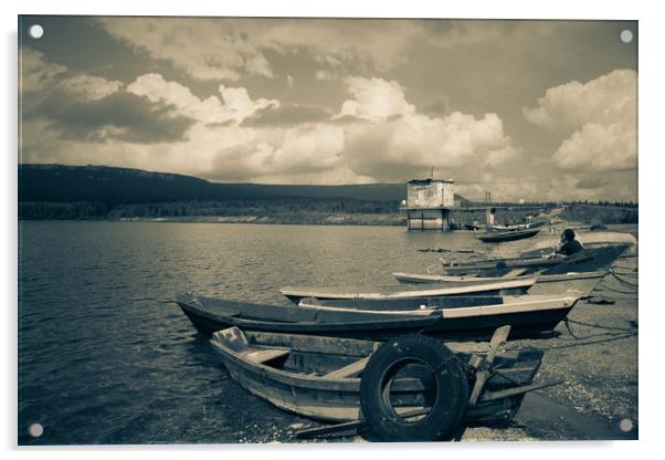 Boats on a mountain lake Acrylic by Larisa Siverina