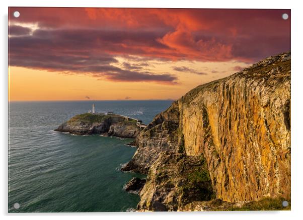 BloodRed Sunset at South Stack Lighthouse Acrylic by Colin Allen