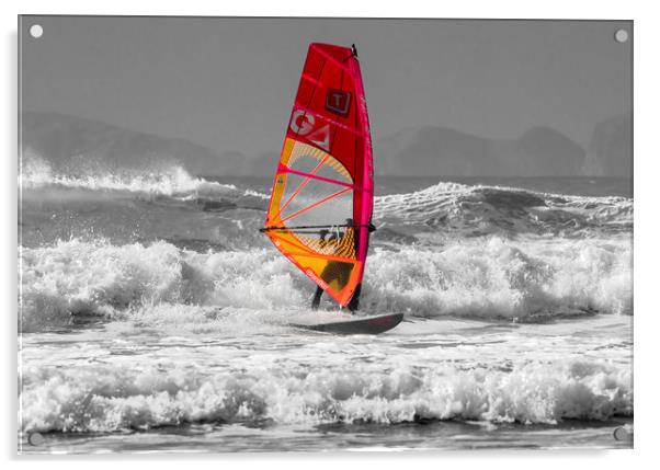 Windsurfing on Newgale Beach - Selective Colour. Acrylic by Colin Allen