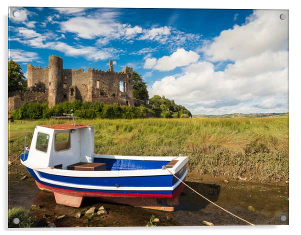 Laugharne Castle and a Fishing Boat.  Acrylic by Colin Allen