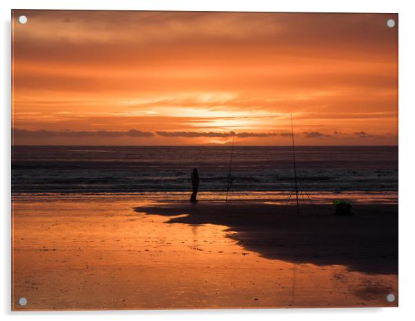 Fisherman and a Glorious Sunset at Newgale. Acrylic by Colin Allen