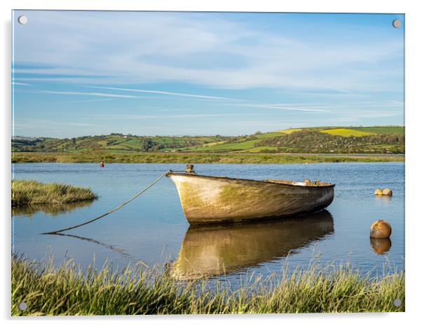 Boat on Laugharne Estuary, Carmarthenshire. Acrylic by Colin Allen