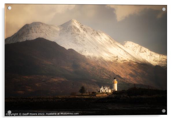 Isleornsay Lighthouse against Snow Capped Mountain Acrylic by Geoff Moore