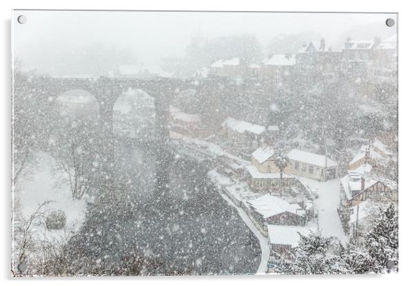 Knaresborough in snow blizzard Acrylic by mike morley