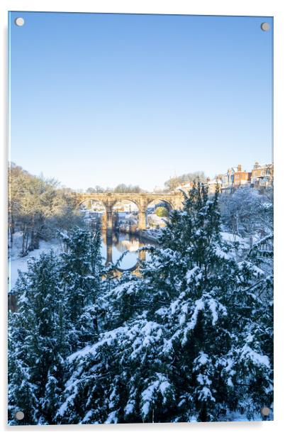 Winter snow sunrise over the river Nidd in Knaresborough, North Yorkshire. vertical Panoramic format. Acrylic by mike morley