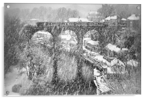 Winter snow storm over the railway viaduct at Knaresborough, North Yorkshire, UK Acrylic by mike morley