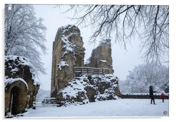 Winter snow sunrise over the historical remains of the castle in Knaresborough, North Yorkshire.  Acrylic by mike morley