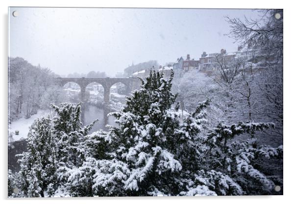 Winter snow over the river Nidd and famous landmark railway viaduct in Knaresborough, North Yorkshire. Acrylic by mike morley