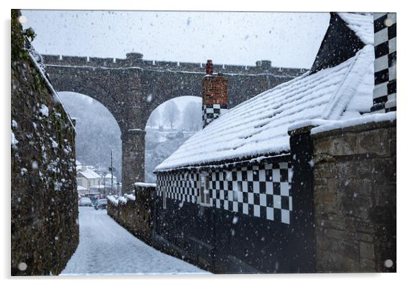 Winter snow over the river Nidd and famous landmark railway viaduct in Knaresborough, North Yorkshire. Acrylic by mike morley