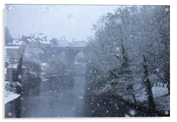 Winter snow over the river Nidd and famous landmark railway viaduct in Knaresborough, North Yorkshire Acrylic by mike morley