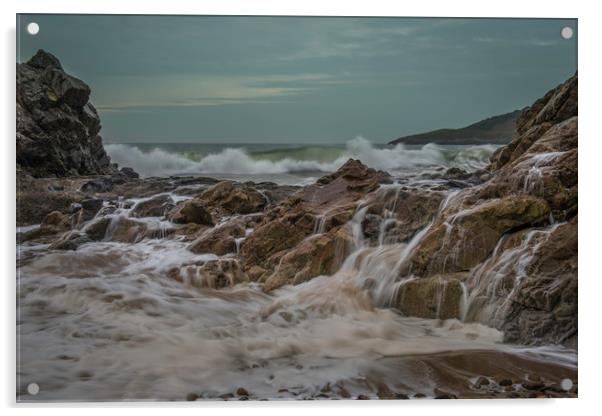Waves and rocks at Rotherslade bay. Acrylic by Bryn Morgan