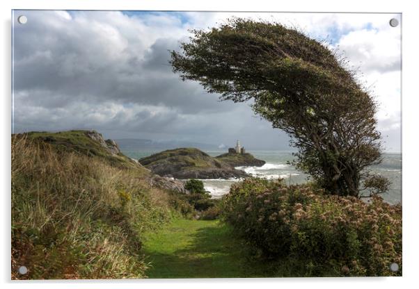 Windswept tree with Mumbles lighthouse.  Acrylic by Bryn Morgan