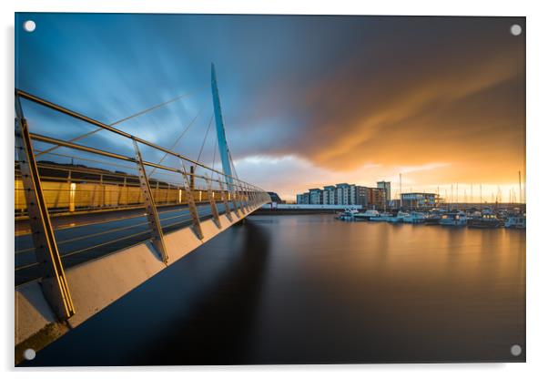 The Sail bridge at Swansea marina. Acrylic by Bryn Morgan