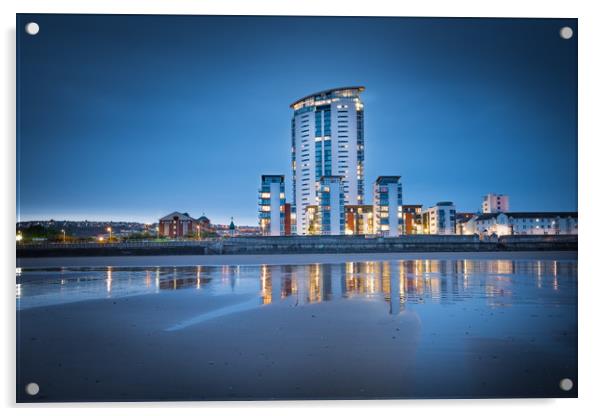 Sunset at the Meridian tower Swansea. Acrylic by Bryn Morgan