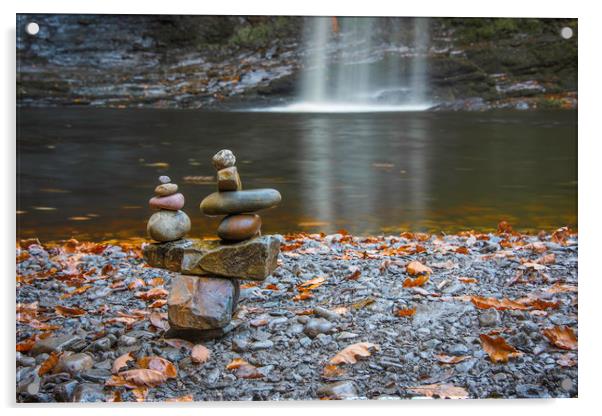 Stones balancing at the Lady falls at Sgwd Gwladus Acrylic by Bryn Morgan