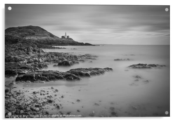 Mumbles lighthouse viewed from Bracelet bay, black and white Acrylic by Bryn Morgan