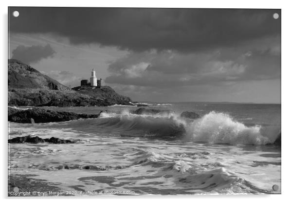 Mumbles lighthouse viewed from Bracelet bay, black and white Acrylic by Bryn Morgan