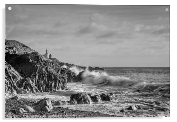 Mumbles lighthouse from Bracelet bay, black and white Acrylic by Bryn Morgan