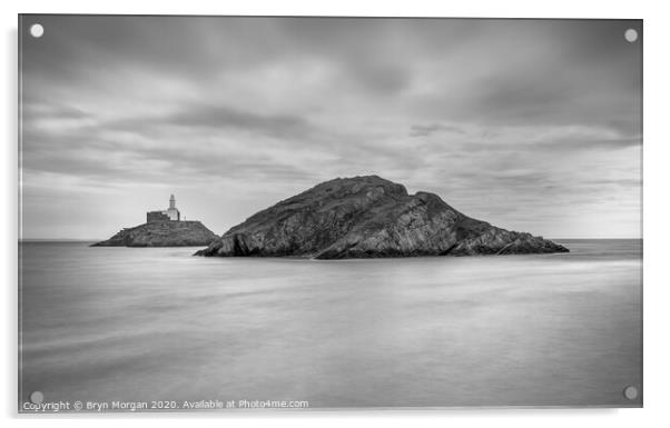 Mumbles lighthouse from Mumbles bay, black and white Acrylic by Bryn Morgan