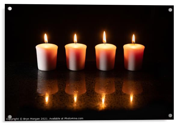 Four burning candles with reflections Acrylic by Bryn Morgan