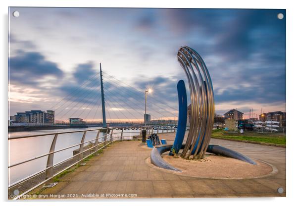 Sail bridge at Swansea marina with sculpture in foreground Acrylic by Bryn Morgan